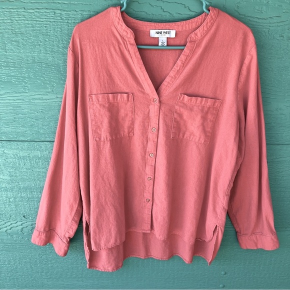 LINEN V-NECK ROLL TAB SLEEVES BUTTON DOWN TUNIC TOP SALMON HIGH LOW SIZE LARGE - Picture 6 of 6